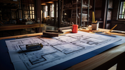 Closeup photo of Architect sketching project on blueprint at site construction work. Concept of architect, engineer in the office desk construction project banner	
