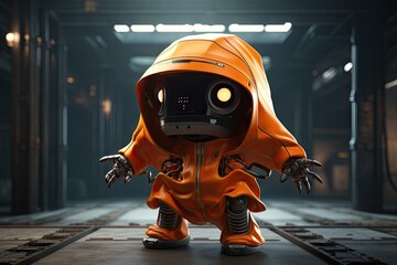 Futuristic orange robot with mechanical claws walking in a dimly lit corridor, concept of advanced technology. - Powered by Adobe