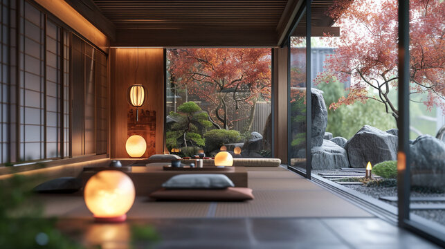 木のぬくもりのある茶室の風景