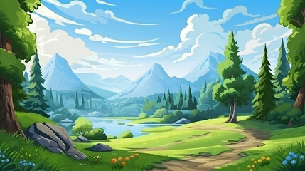 cartoon seamless nature landscape with blue aky