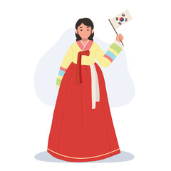 Happy Smiling Woman in Korean Traditional Dress Hanbok Holding South Korea Flag