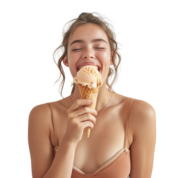 Woman Enjoying Ice Cream Cone With Eyes Closed