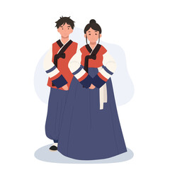 Smiling Couple in Modern Hanbok for Festive Occasion. Man and woman smiling in korean suit for holiday or event.