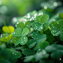 Macro Photography Cluster of Four-Leaf Clovers with Morning Dew Drops