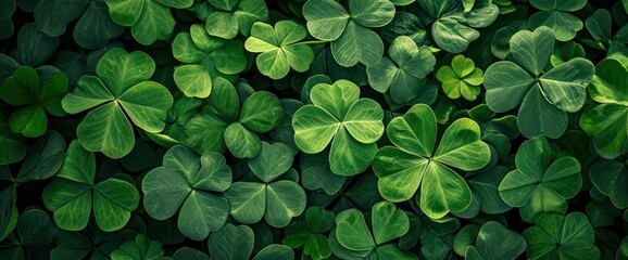 St. Patrick's Day Symbol Green Shamrocks and Four-Leaf Clover in Nature - obrazy, fototapety, plakaty