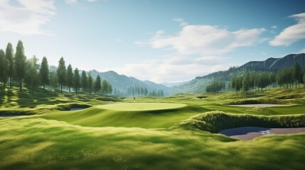 Obraz premium golf course with beautiful green field. golf course with a rich green turf beautiful scenery.