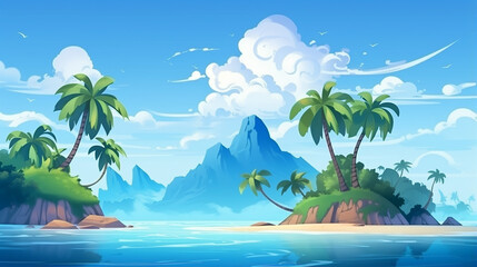 island with palms and trees in the sea under clouds. game scene