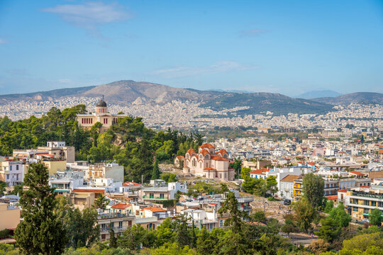 Athens, Greece from on the hill top on a beautiful clear blue day