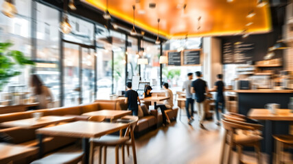 Fototapeta na wymiar Bright Blur coffee shop with people in walking in blurred motion in coffee shop space
