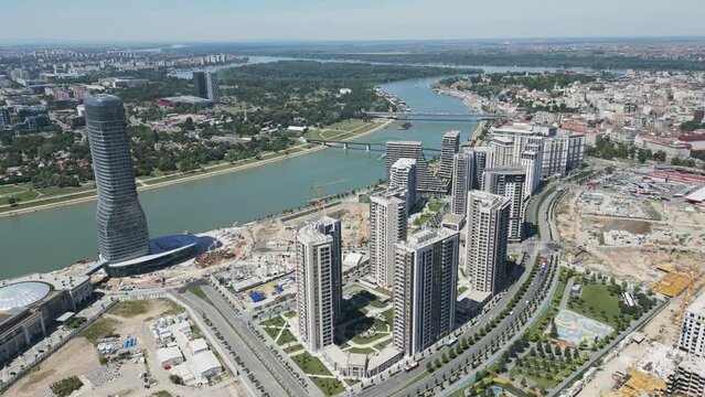Panoramic view of Belgrade, the capital of Serbia. Aerial video, flying backwards.