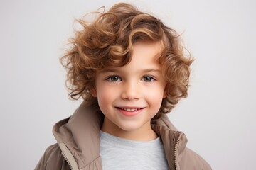 Close-up portrait of a cute little boy with blond curly hair