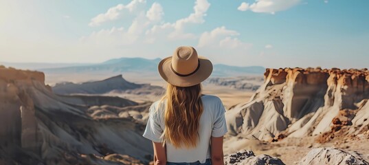 a girl stands among the mountains and admires the mountain landscape, negative space