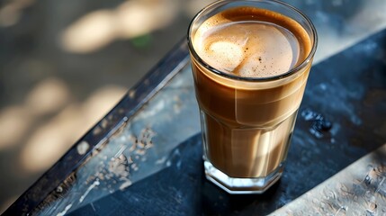 glass of coffee on the table in a street cafe, negative space, close up