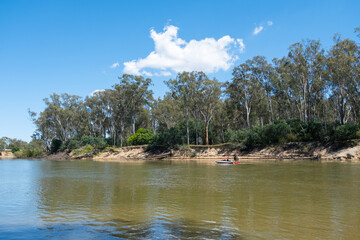 Murray River near Cobram, bordered by a sandy bank and a dense eucalyptus gum tree forest. Australian inland nature landscape. A small motorboat with a tourist can be seen enjoying the water sport.