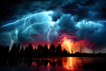 Fototapeta na wymiar Thunderstorms illuminate night skies, captured in mesmerizing Kirlian photography brilliance.