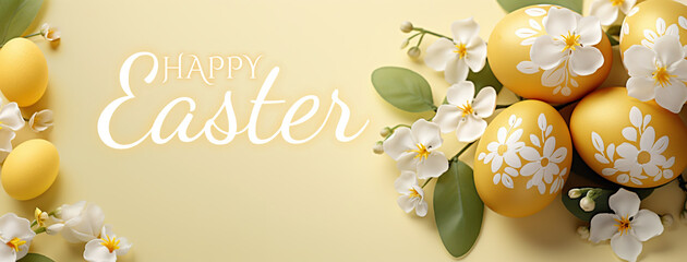 Yellow and white Easter eggs with white flowers on light yellow background. Happy Easter. 