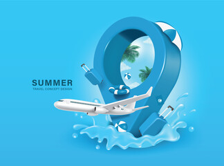 Summer airplane travel destination pinned down at sea with sky view, coconut trees and soft sunlight with luggage or baggage, lifebuoy, passport