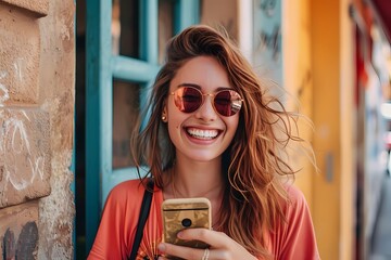 happy girl in sunglasses holding a phone and smiling at the camera, street-inspired