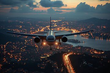 Commercial airplane flying above a European city, aerial view, travel Europe, relocation