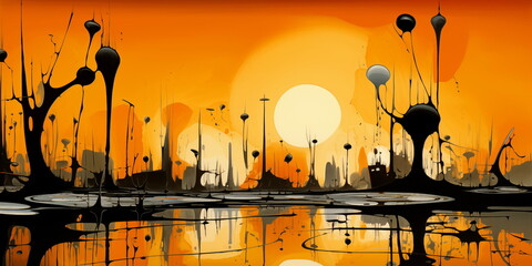 Abstract painting of objects in an orange abstract space, in the style of surreal landscapes, panorama