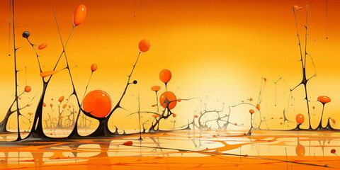 Abstract painting of objects in an orange abstract space, in the style of surreal landscapes, panorama