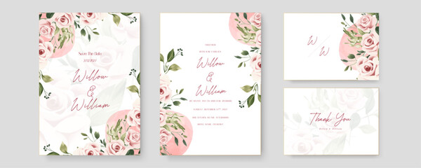 Fototapeta na wymiar Pink rose floral wedding invitation card template set with flowers frame decoration