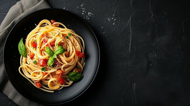 Dark plate with italian spaghetti on dark
