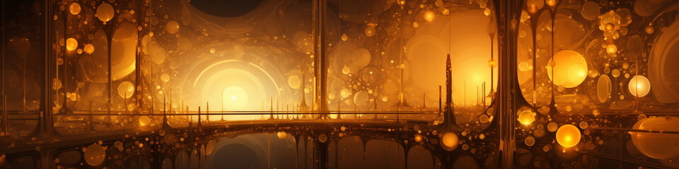 Abstract painting of objects in an orange abstract space, in the style of surreal landscapes, panorama