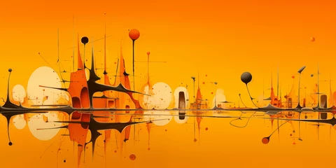 Deurstickers Abstract painting of objects in an orange abstract space, in the style of surreal landscapes, panorama © dietrich