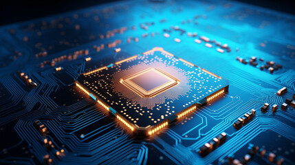 digital ai circuit board with the word and chip, in the style of shaped canvas, tilt shift, digital as manual, light bronze and azure, infrared, captivating, human-canvas integration