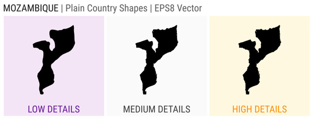 Mozambique - plain country shape. Low, medium and high detailed maps of Mozambique. EPS8 Vector illustration.