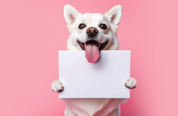 Obraz premium Happy dog holding empty sign paper on pink background. Put his tohgue, and happy smile. Holiday concept.
