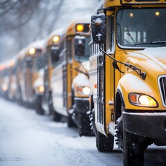 Line of school busses parked during snowy weather, school closure concept - Generative AI