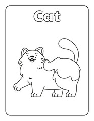 Coloring Page for Kids Coloring book Cute Cartoon Cat Kitty Animals Preschool Activities Arts and Crafts Kindergarten Vocabulary Black and White PNG 