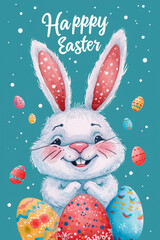Easter poster with a Waster bunny and eggs, pastel colors, modern, with text : "Happy Easter"