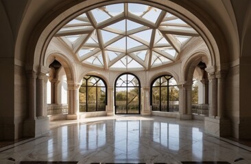 Fototapeta premium A ornamented arched vault on white marble, latticed window, view from Generative AI