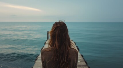 woman with long hair, standing on a pier and looking out at a calm sea generative ai