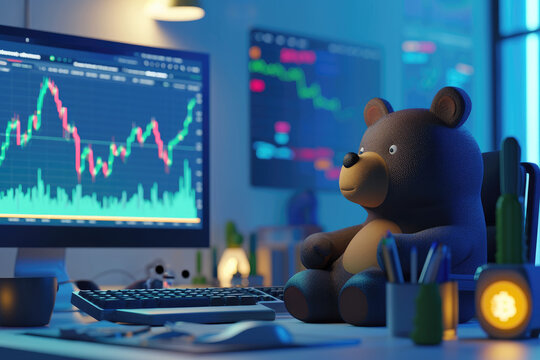 a 3d cartoon bear trader with computer, Stock market and Crypto currency, downtrend stock graph