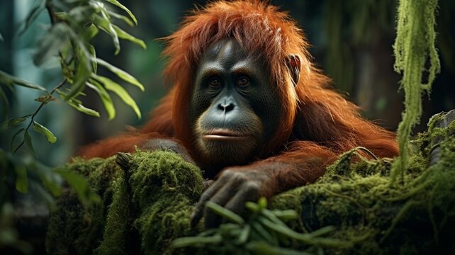 Majestic Orangutan in Lush Rainforest Habitat, Grasping Tree Branches with Wisdom and Grace - AI-Generative