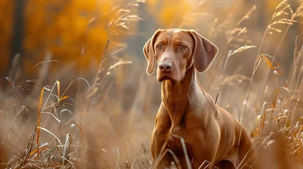 Fotobehang Hungarian hound pointer vizsla dog in autumn time in the field © Ahmad-Muslimin