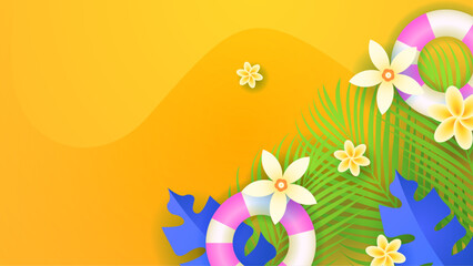 Colorful colourful summer background style vector illustration. Summer background with surf, leave, flower, beach, lifebuoy, monstera, watermelon, drink, umbrella