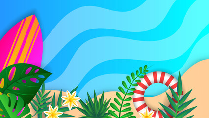 Fototapeta na wymiar Colorful colourful vector realistic background for summer season. Summer background with surf, leave, flower, beach, lifebuoy, monstera, watermelon, drink, umbrella