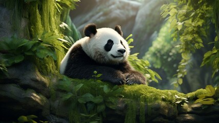 Obraz premium Adorable Panda Sitting in Bamboo Grove, Displaying Tranquility and Natural Beauty - AI-Generative