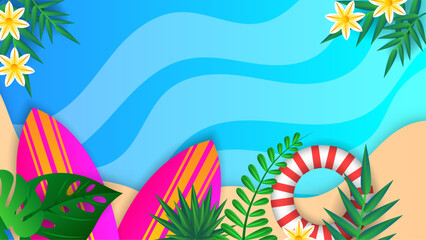 Fototapeta na wymiar Colorful colourful vector illustration tropical summer design background. Summer background with surf, leave, flower, beach, lifebuoy, monstera, watermelon, drink, umbrella