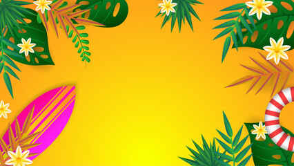 Colorful colourful summer background style vector illustration. Summer background with surf, leave, flower, beach, lifebuoy, monstera, watermelon, drink, umbrella