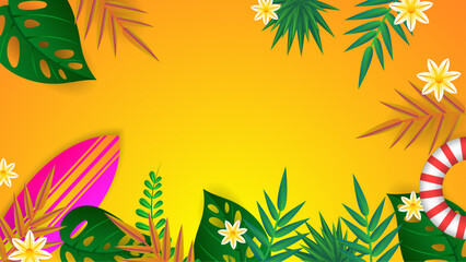 Fototapeta na wymiar Colorful colourful vector hello summer background design with abstract tropical leaves and flower. Summer background with surf, leave, flower, beach, lifebuoy, monstera, watermelon, drink, umbrella