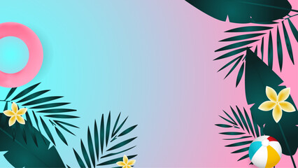 Colorful colourful vector background for summer season. Summer background with surf, leave, flower, beach, lifebuoy, monstera, watermelon, drink, umbrella