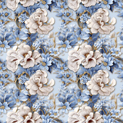 Hyper Realistic Illustrated Porcelain Blue and Gold Flowers Seamless Pattern 