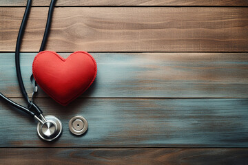 illustration of heart health with red heart and stethescope on simple wooden background 