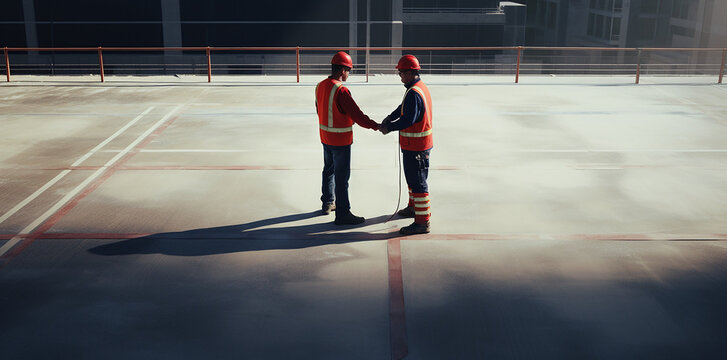 construction workers shaking hands wearing hard hats